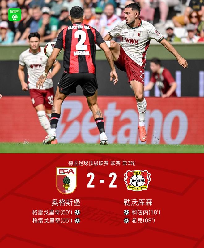 奥格斯堡2-2勒沃库森，格雷戈里奇双响，科法内建功